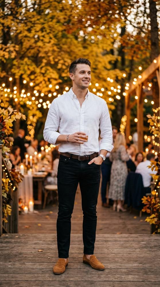 Male guest in black slim jeans, crisp white button-down shirt with rolled sleeves, brown belt, and tan suede loafers, golden
