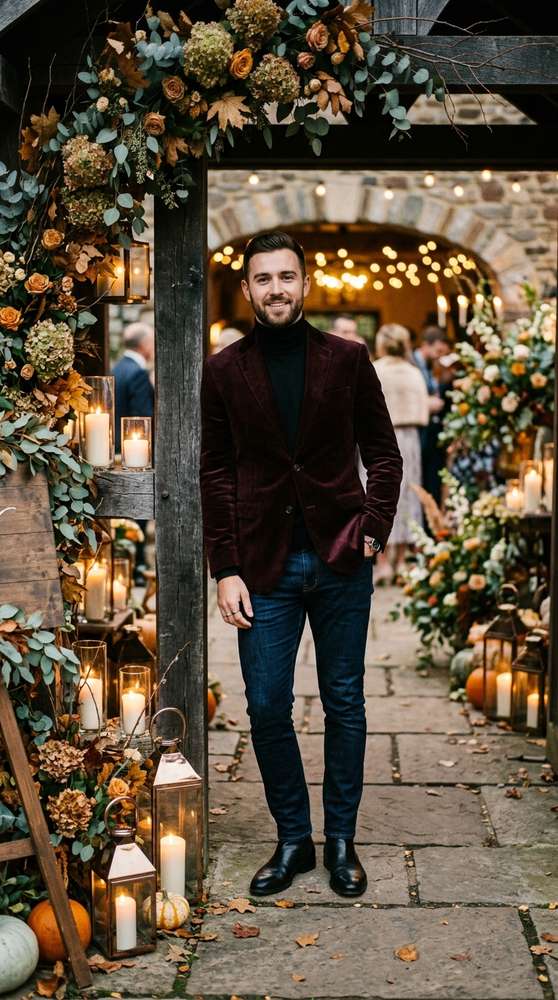 Male guest in dark rinse jeans, burgundy velvet blazer, black turtleneck, and polished black boots, posing near a candlelit