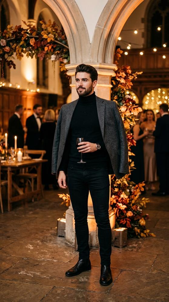 Male guest in black skinny jeans, black fitted turtleneck, charcoal wool blazer draped over shoulders, and black Chelsea