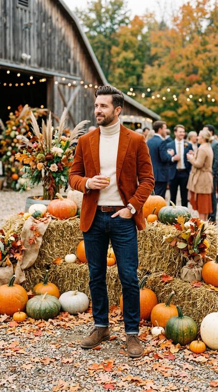 Male wedding guest wearing indigo jeans, rust corduroy blazer, cream turtleneck, and brown suede desert boots, among pumpkins