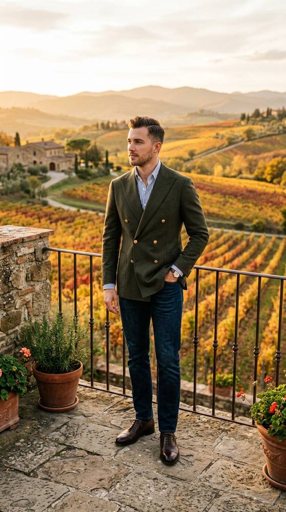 Male guest in dark-wash jeans, olive double-breasted blazer, striped dress shirt, and dark brown oxford shoes, standing on a
