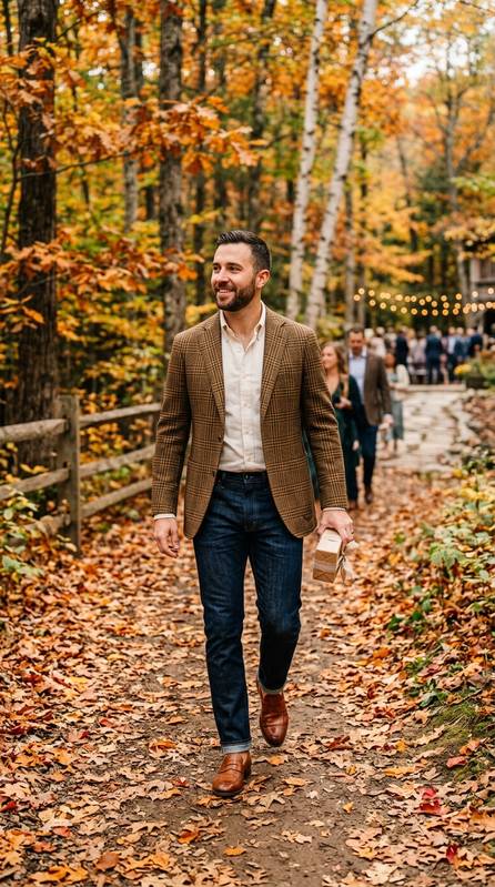 Male wedding guest in raw dark denim jeans, patterned autumn sport coat in brown and gold plaid, solid ecru shirt, and cognac