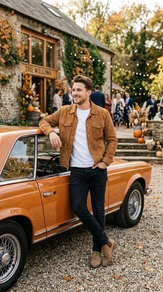 Male guest wearing black jeans, camel suede trucker jacket, white crewneck t-shirt, and tan Chelsea boots, leaning on a