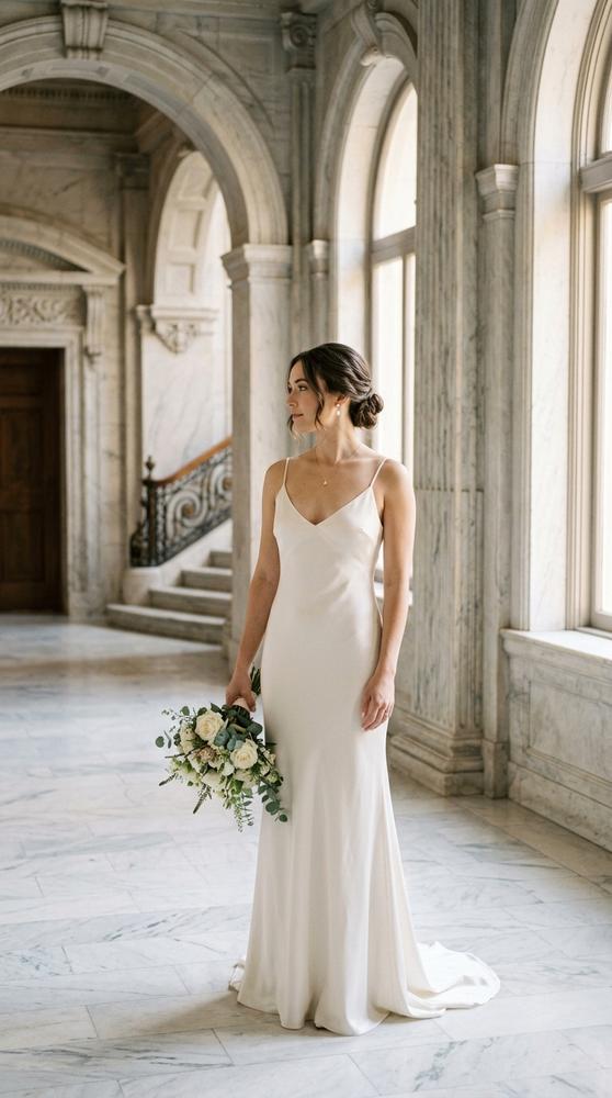 A bride in a sleek ivory satin slip wedding dress in a marble courthouse hallway, soft window light