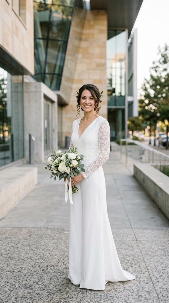 A bride in a modern white bridal jumpsuit with wide legs standing in front of a contemporary civic building