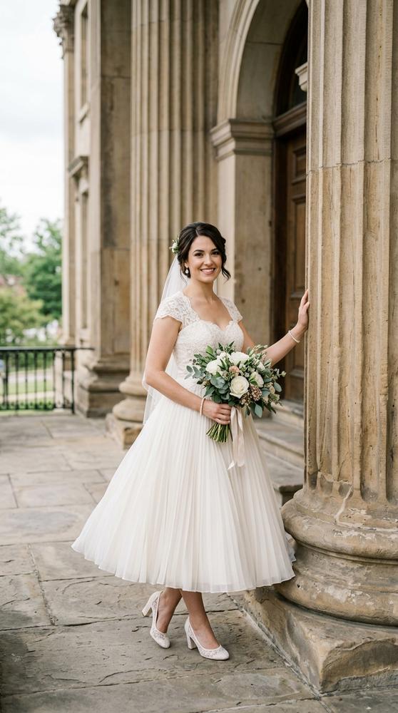 A bride in a tea-length ivory wedding dress with full skirt posing by stone courthouse columns