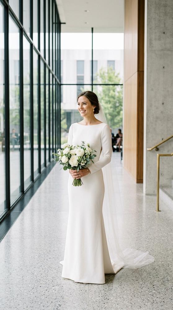 A bride in a minimalist ivory sheath wedding dress in a bright modern courthouse interior