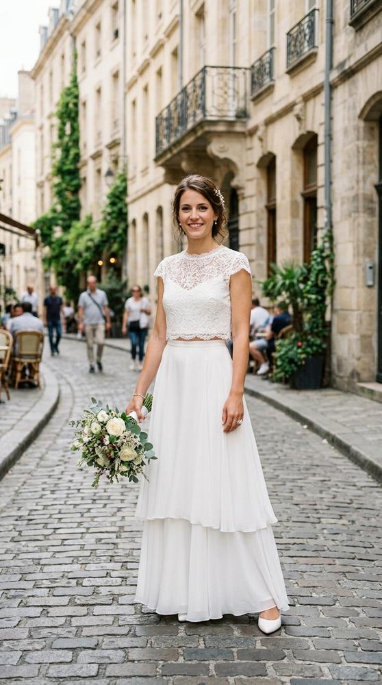 A bride in a chic white two-piece bridal set with crop top and flowing skirt on a city street