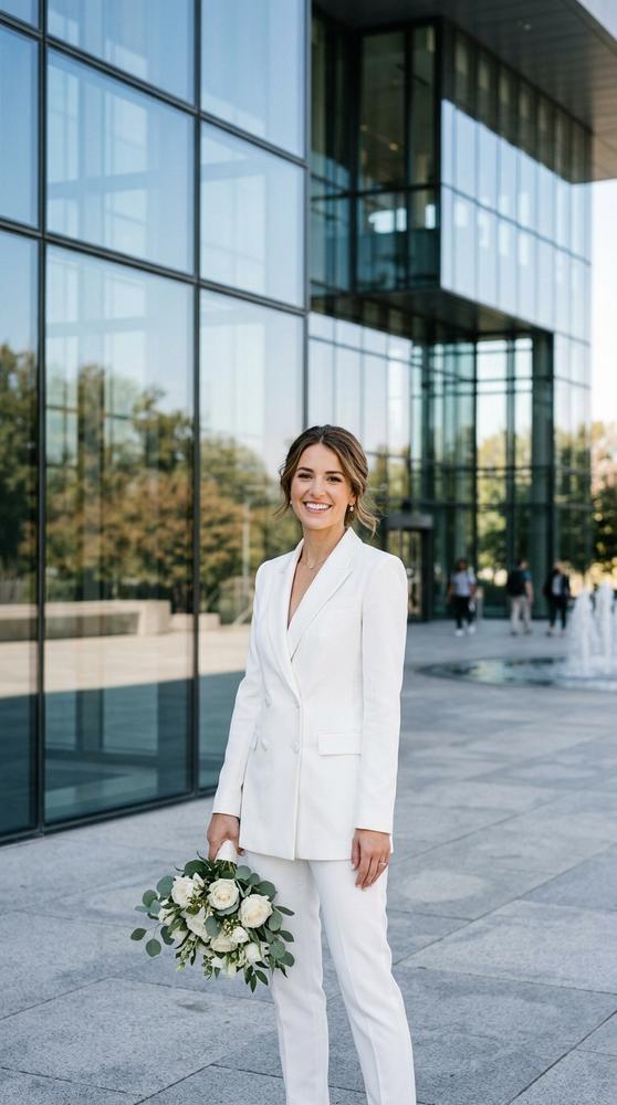 A bride in a white blazer wedding dress with tailored lapels in front of a modern glass civic building