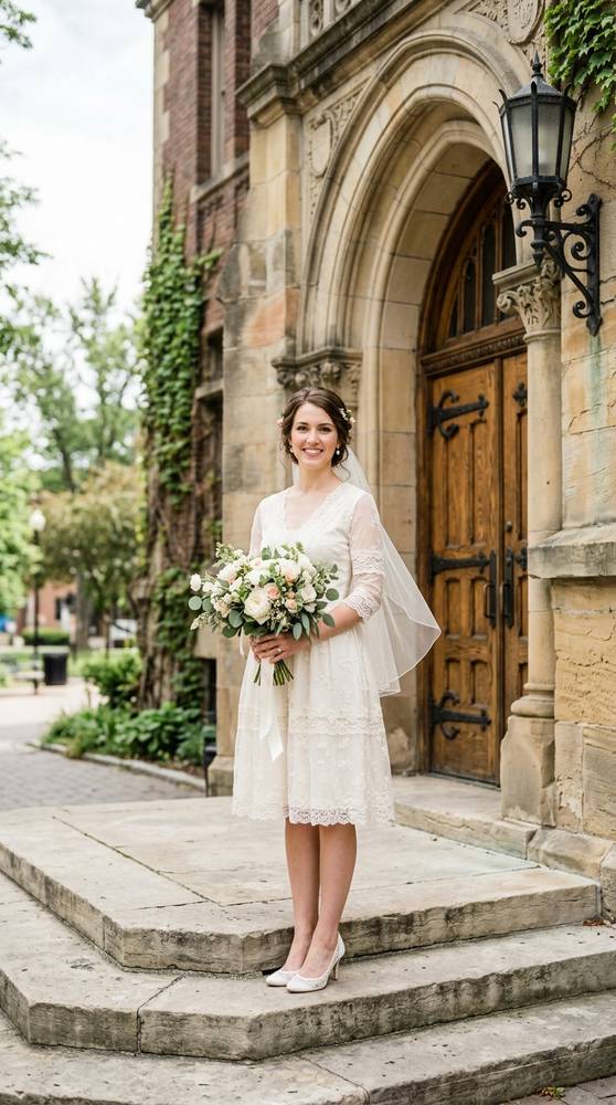 A bride in a short ivory wedding dress with delicate lace trim outside a vintage courthouse entrance