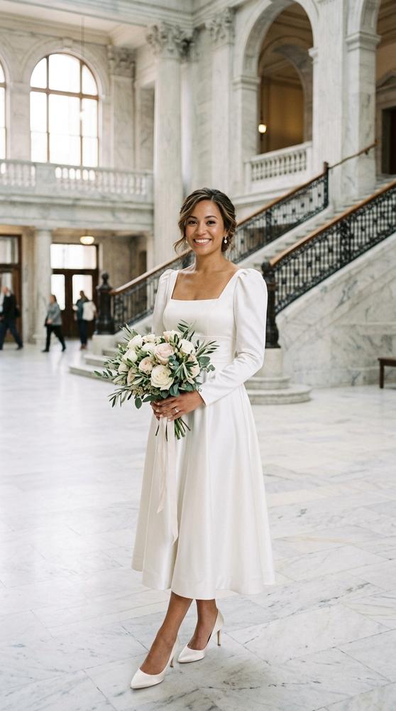 A bride in a square-neck satin midi wedding dress in a bright marble courthouse lobby