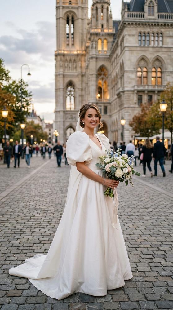 A bride in an ivory wedding dress with statement puff sleeves in an urban plaza near city hall
