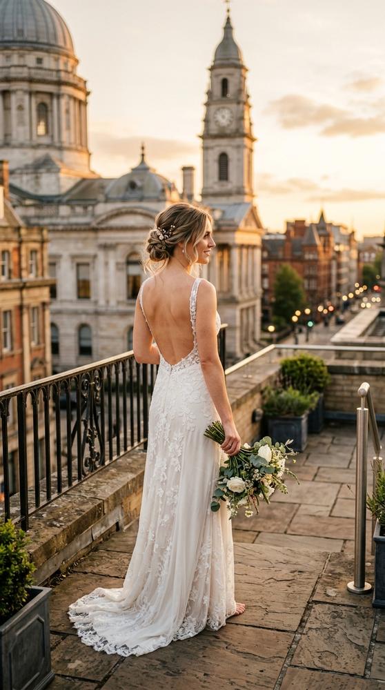 A bride in a backless ivory wedding dress at golden hour on a city rooftop near the courthouse