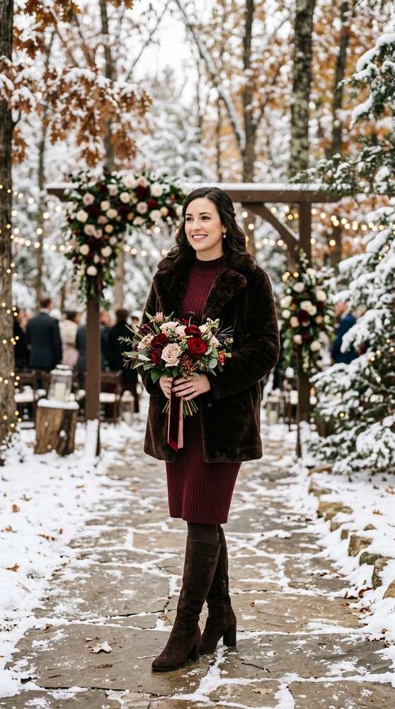 Woman in a faux-fur coat over a burgundy knit dress with heeled boots at a snowy fall wedding venue