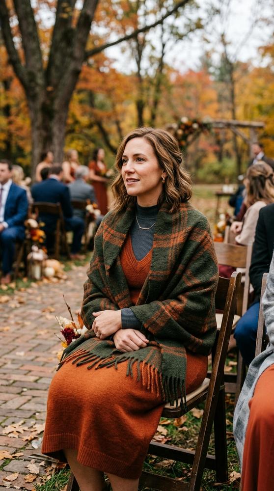 Woman in a midi dress with a thermal layer peeking at the neckline, wrapped in a wool shawl at an outdoor fall ceremony