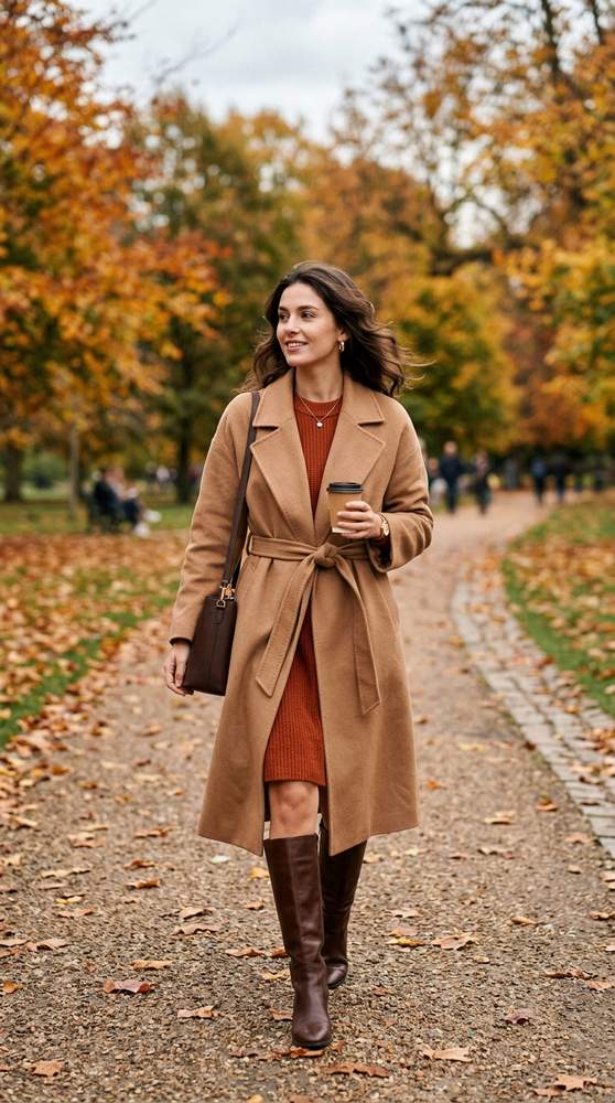 Woman in a camel wool wrap coat over a rust sweater dress with knee-high boots in autumn