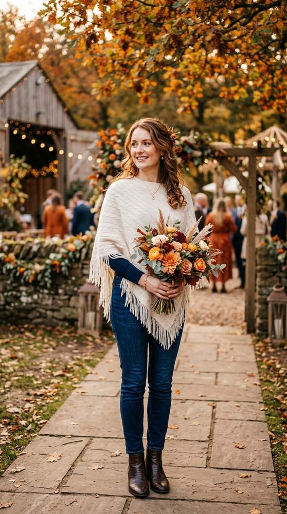 Woman in a cream cashmere poncho with dark jeans and boots at a rustic fall wedding