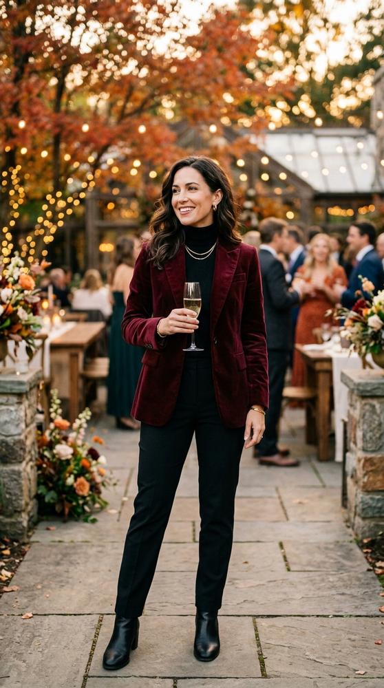 Woman in a burgundy velvet blazer with a black turtleneck and trousers at a fall wedding reception