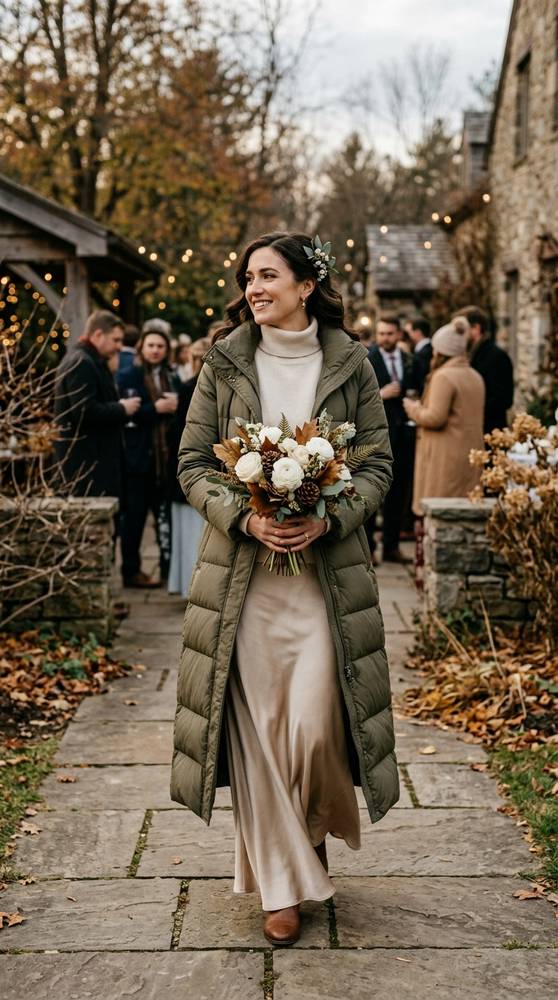 Woman in a long quilted coat over a champagne satin skirt and sweater at a winter-fall wedding