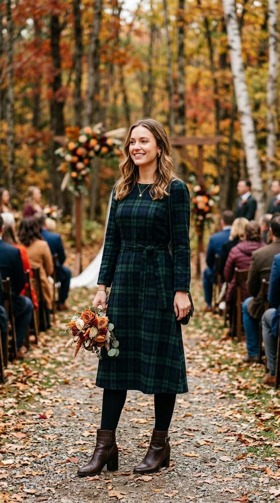 Woman in a plaid midi dress with fleece-lined tights and heeled boots at an outdoor fall ceremony