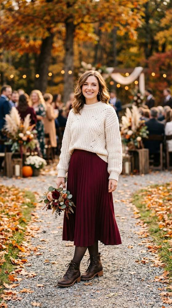 Woman in a chunky cream knit sweater with a burgundy pleated skirt and ankle boots at a fall wedding
