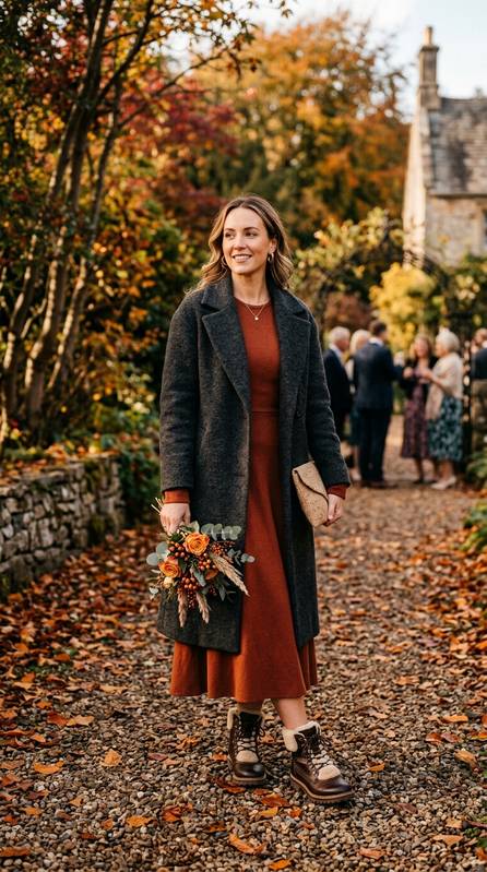 Woman in shearling-lined boots with a rust midi dress and wool coat at a late-autumn wedding