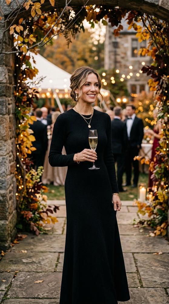 Woman in a long-sleeved black knit gown with gold jewelry at an elegant late-fall wedding