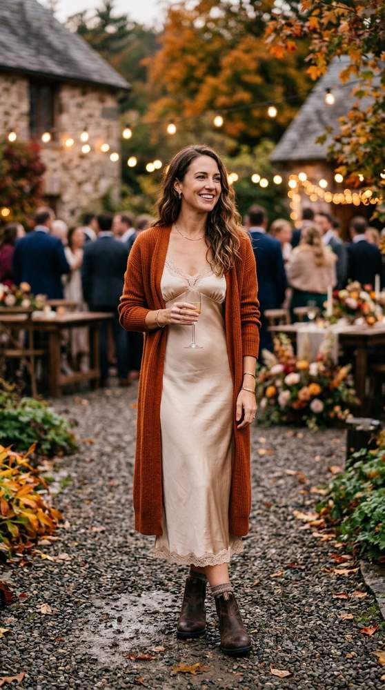 Woman in a layered outfit with a long cardigan over a champagne slip dress and boots at a fall wedding