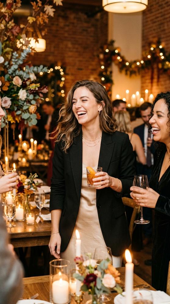 Woman in a champagne satin slip dress with a tailored black blazer, laughing with guests at a candlelit fall reception