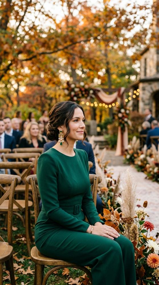 Woman in a deep emerald tailored jumpsuit with statement earrings at an outdoor fall ceremony