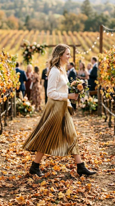 Woman in a metallic gold pleated skirt with an ivory silk blouse walking through fallen leaves at a vineyard wedding