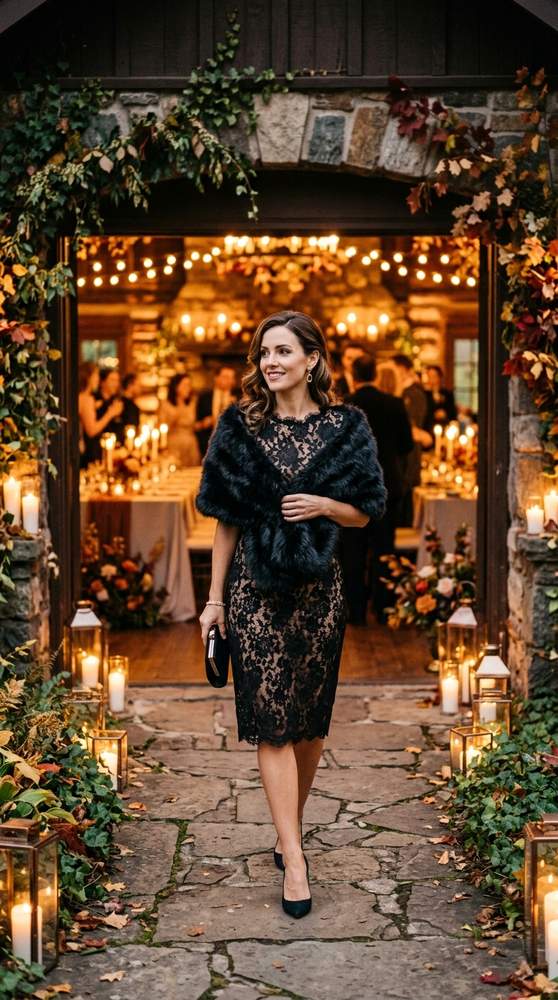Woman in a black lace cocktail dress with a faux-fur stole arriving at a candlelit fall wedding venue