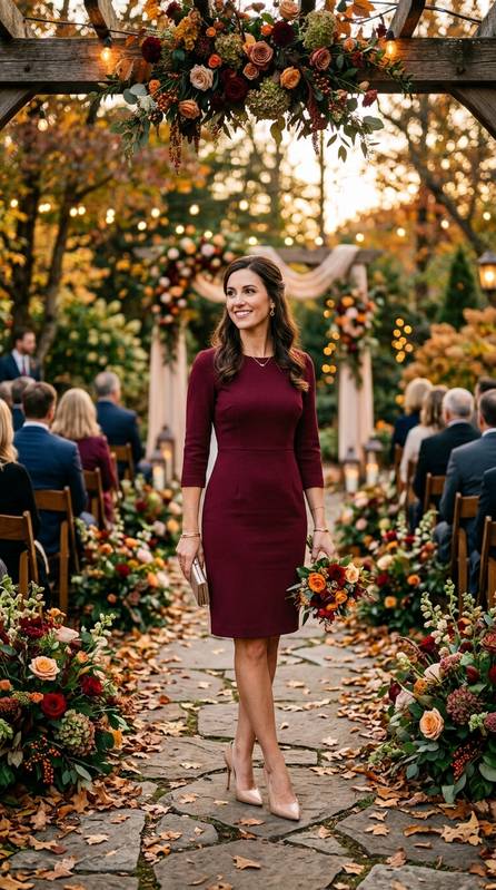 Woman in a wine-colored crepe sheath dress with nude heels at a fall garden ceremony