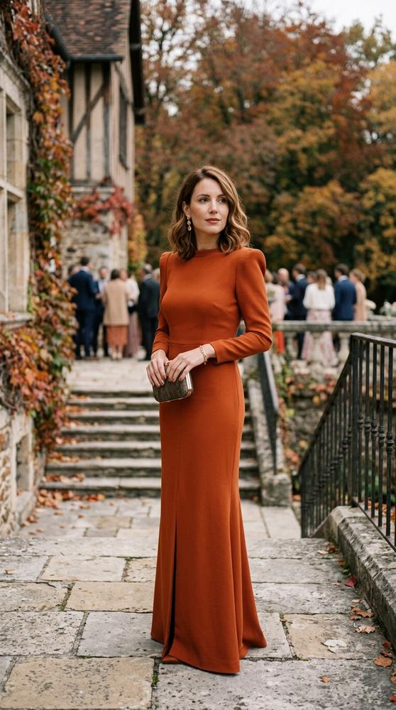 Woman in a burnt-orange evening dress with bold shoulders standing on stone steps at a fall wedding venue