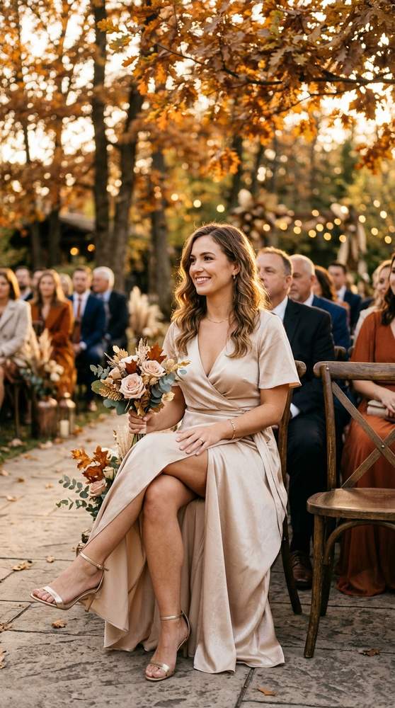 Woman in a champagne wrap dress with strappy heels at a golden-hour fall wedding ceremony