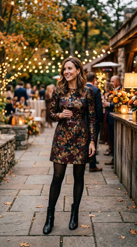 Woman in a dark floral brocade mini dress with black tights at an autumn wedding reception