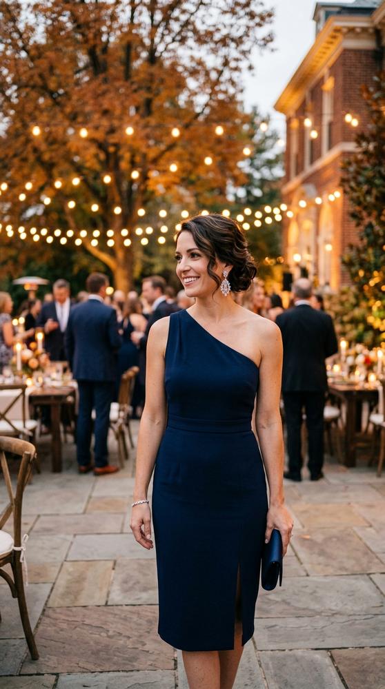Woman in a midnight navy one-shoulder cocktail dress with crystal earrings at an evening fall reception