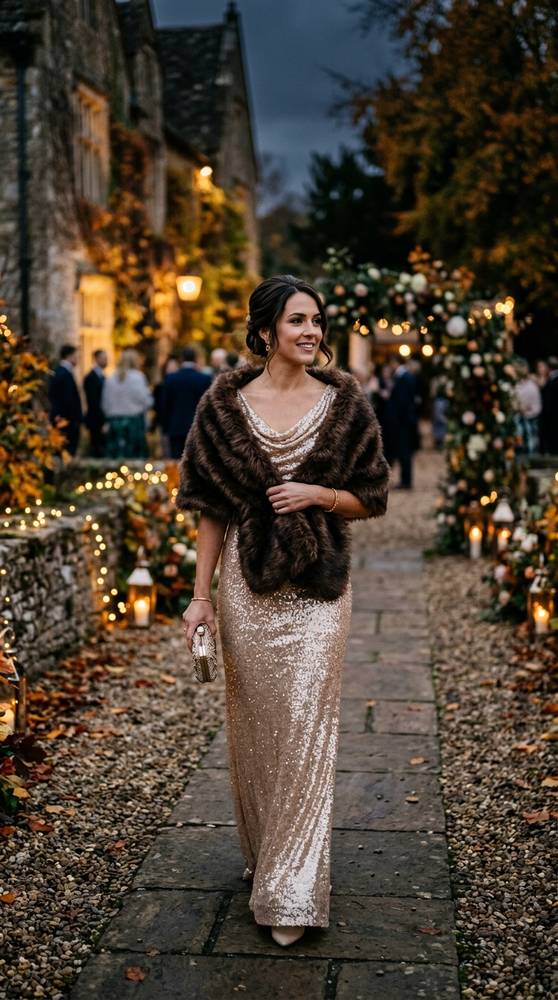 Guest wearing a champagne gown with a faux-fur stole draped over shoulders, arriving at an evening fall wedding in the cold