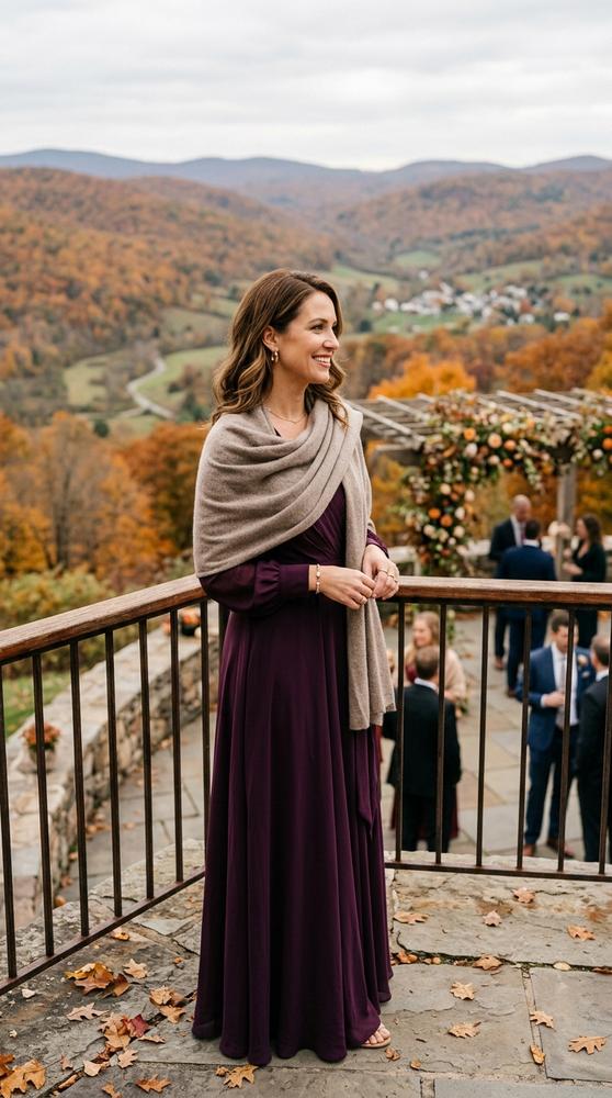 Guest wearing a plum long-sleeve maxi dress with a cashmere shawl, standing on a terrace overlooking autumn hills at a