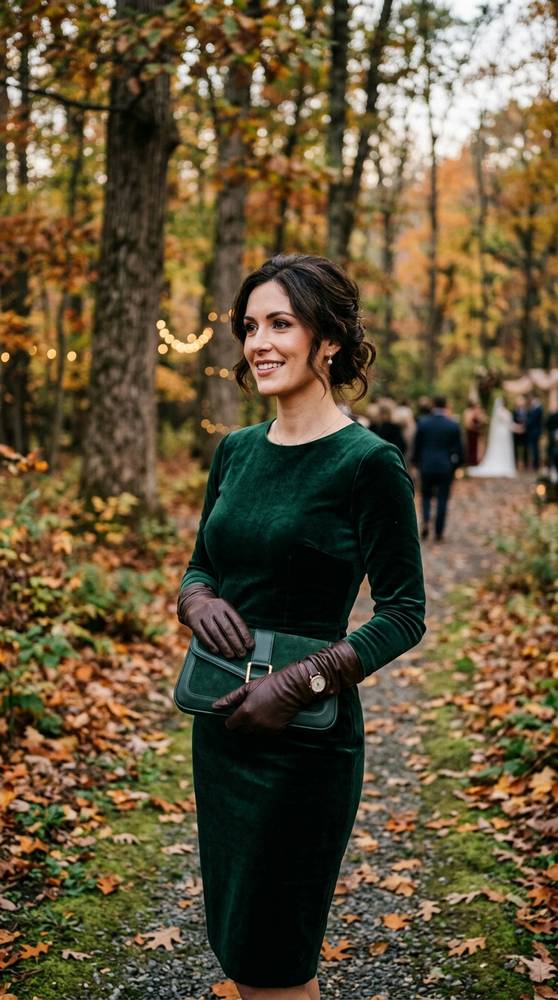 Guest in a forest green cocktail dress with elegant leather gloves, holding a clutch at a formal cold-weather fall wedding