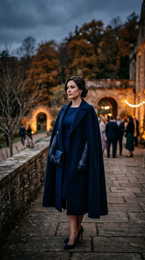 Guest wearing a navy cocktail dress with a dramatic cape coat, standing in dramatic evening light at a cold fall wedding