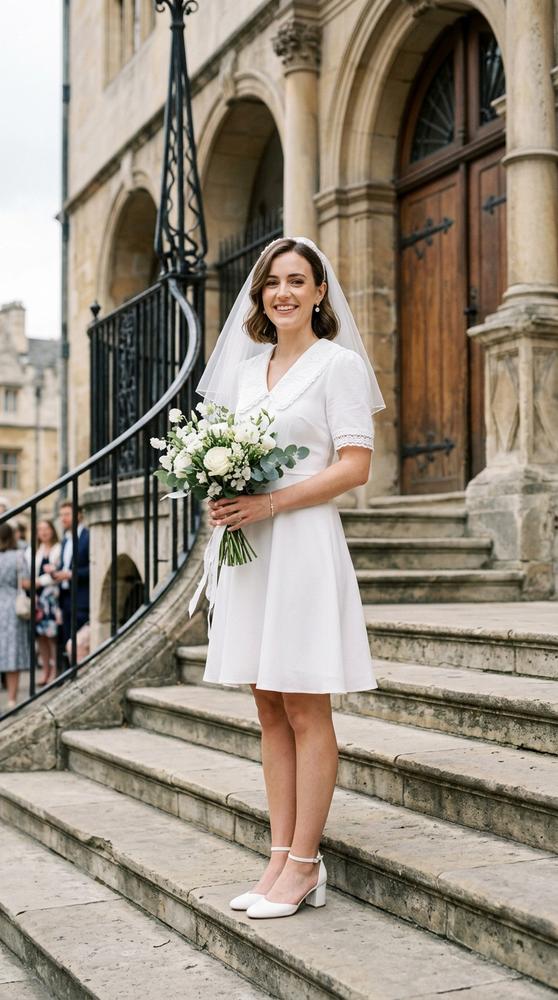 A bride in a white A-line mini wedding dress with a Peter Pan collar on city hall steps