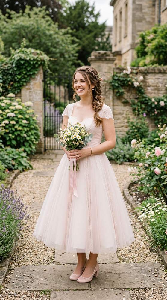 A bride in a blush pink tea-length wedding dress with a full skirt holding a posy of daisies in a courthouse garden