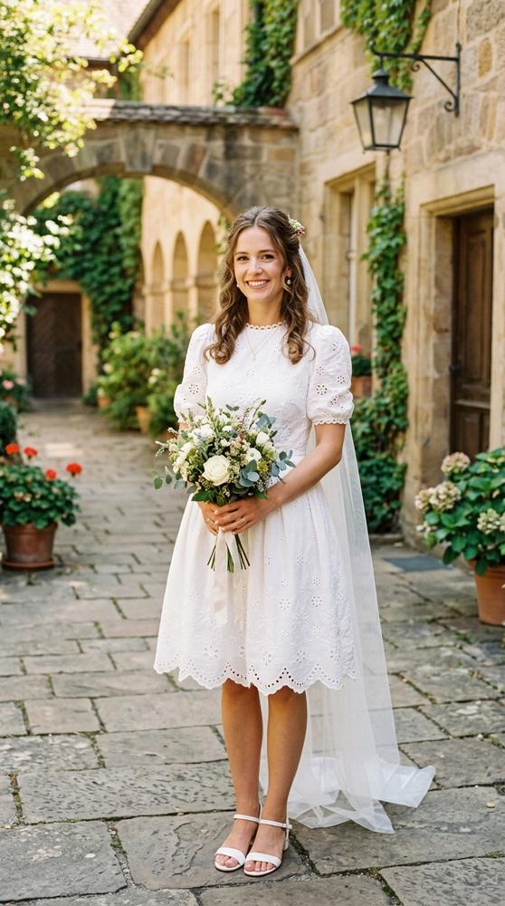 A bride in a white eyelet mini wedding dress with scalloped edges in a sunny courthouse courtyard