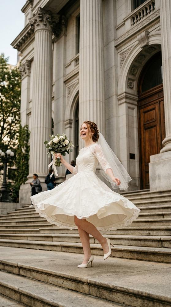 A bride in an ivory skater-style wedding dress with a flared skirt spinning on courthouse steps