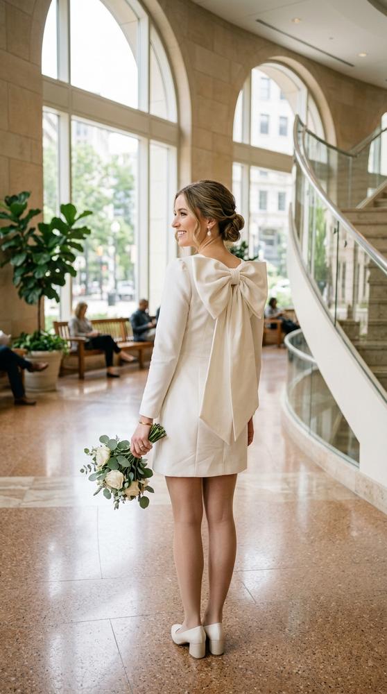 A bride in an ivory bow-back mini wedding dress with a big bow at the back in a bright courthouse lobby