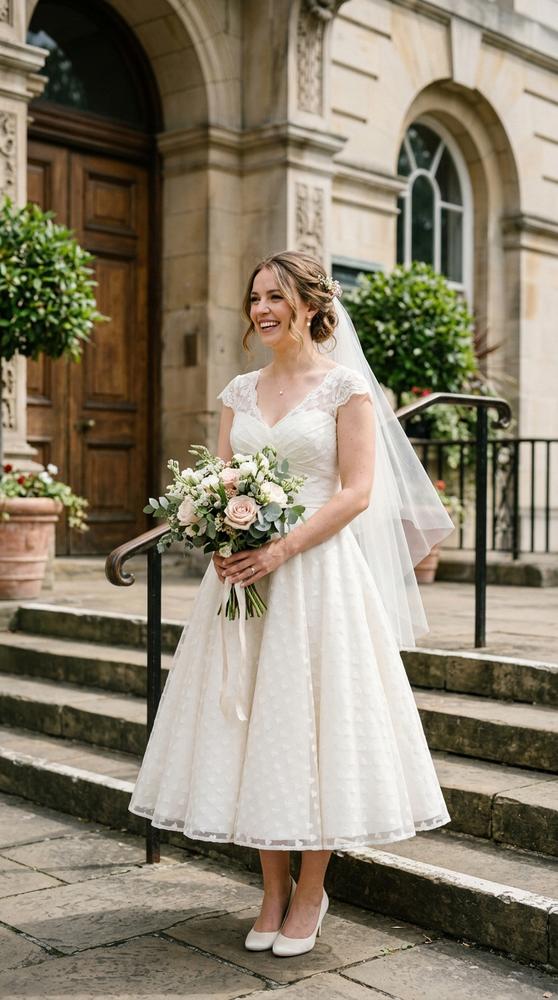 A bride in an ivory heart-print tea wedding dress with a fitted bodice outside the courthouse