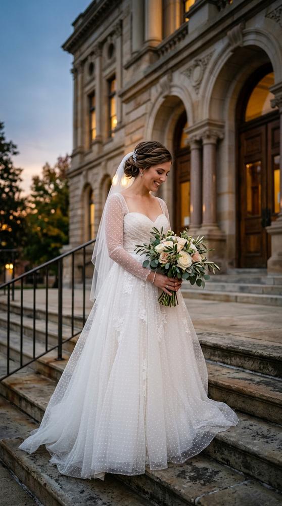 A bride in an ivory polka-dot tulle wedding dress with a sweetheart neckline at dusk outside the courthouse