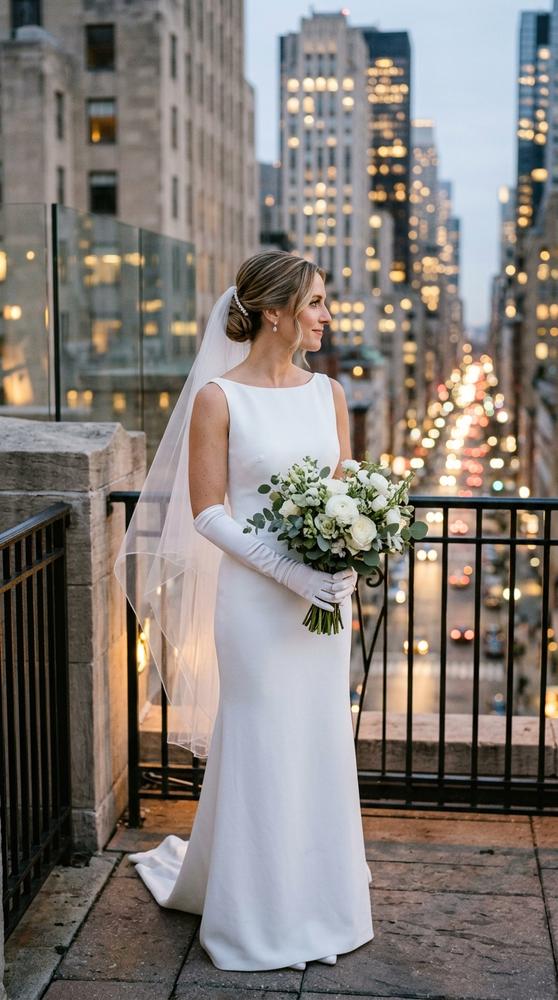 A bride wearing satin fingerless gloves with a sleek modern gown, city venue at dusk.