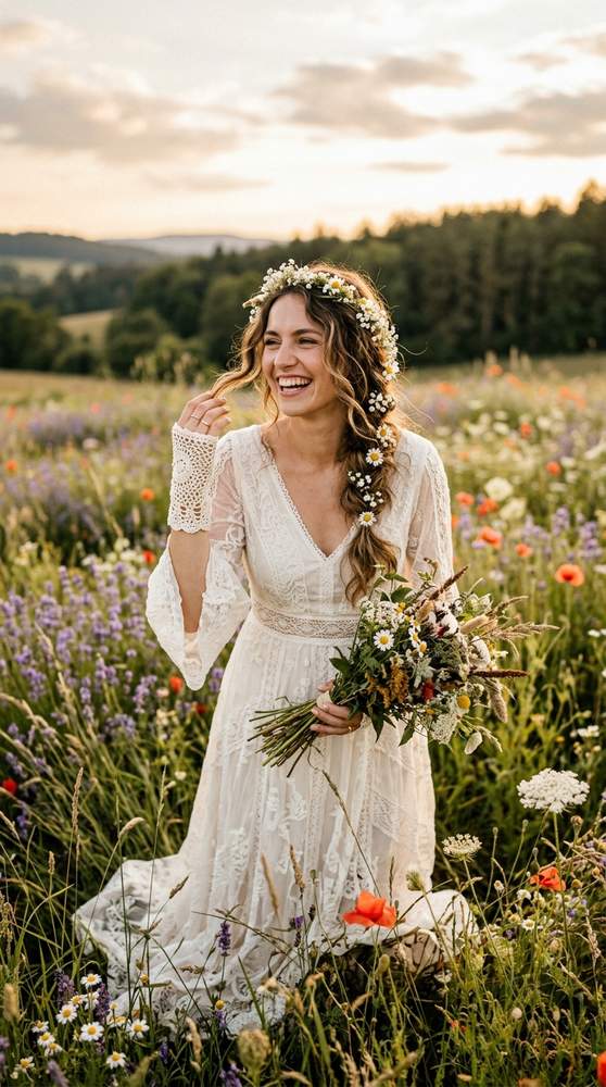 A bride wearing crochet fingerless gloves with a boho dress in a wildflower field, carefree.